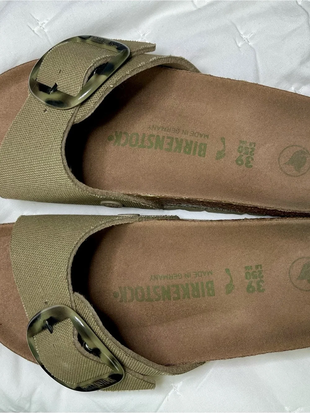Birkenstock Olive Canvas Sandals with Tortoiseshell Buckles